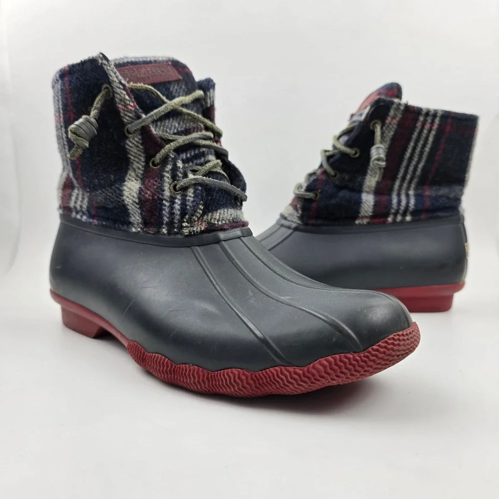 Sperry Saltwater‎ Duck Boots Womens 10 M Blue Red Wool Plaid Waterproof Rubber